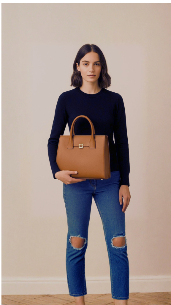 A young woman with a bob haircut poses against a plain, light neutral background. She is wearing a classic navy blue crewneck sweater and blue jeans with ripped knees. She holds a structured, medium-sized tan leather tote bag with top handles and a subtle gold-toned twist-lock closure on the front.