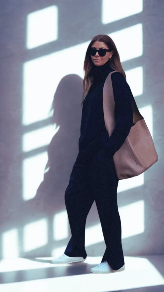 A full-length street style portrait of a woman standing in front of a textured gray wall with graphic shadows cast by window panes. She is wearing an all-black monochromatic outfit consisting of a cozy knit turtleneck sweater and matching wide-leg trousers, paired with white low-top sneakers and dark sunglasses. Over her shoulder, she carries a large, unstructured, slouchy hobo tote bag in a soft taupe or beige color.