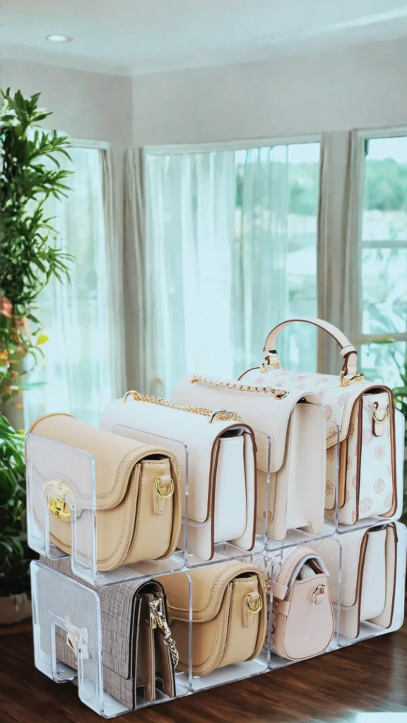 A clear acrylic bag organizer sitting on a wooden surface, displaying a neatly arranged collection of luxury handbags in neutral tones. The two-tiered vertical divider holds structured purses in shades of beige, cream, and soft pink, featuring delicate gold chains, top handles, and metallic clasps. The background shows a brightly lit room with a potted green plant and sheer white curtains next to a window.