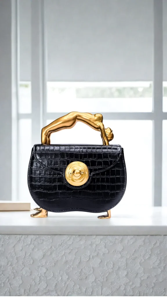 A highly artistic, sculptural black handbag from the file 1_8.png sits on a smooth white ledge. Crafted with a glossy crocodile-embossed leather texture, the purse features a rounded base and a curved front flap secured by a large, circular gold clasp. The most striking element is its hardware: a polished gold handle sculpted into the form of a human figure in a backbend arch, complemented by a pair of small gold feet and hands protruding from the bottom to act as the bag's stand.