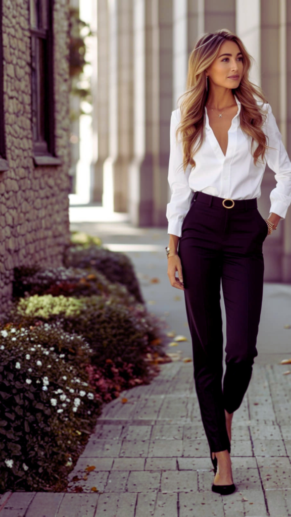 A blonde woman in a polished professional outfit walks along an outdoor stone pathway lined with greenery. She wears a crisp, fitted white button-down shirt tucked into high-waisted, slim-fit black trousers accented with a gold-buckled black belt. She completes the sophisticated look with classic black pointed-toe heels and elegant gold jewelry.