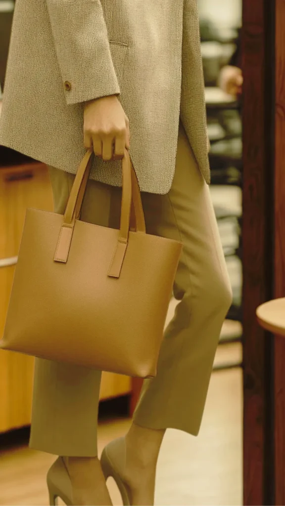 A close-up shot focusing on the lower half of a person walking indoors, styled in a sharp, professional outfit. They are wearing a structured beige tweed blazer, tailored khaki trousers, and matching beige high-heeled pumps. They are holding a structured, minimalist rectangular leather tote bag in a smooth tan or camel color by its dual top handles.