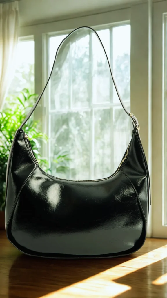 A glossy black patent leather crescent shoulder bag sitting on a wooden surface under warm, natural sunlight. The handbag features a curved, modern silhouette, a gold zipper closure, and a matching black shoulder strap with gold hardware buckle details. The background is brightly lit, showing a large window looking out onto blurry green foliage and indoor plants.