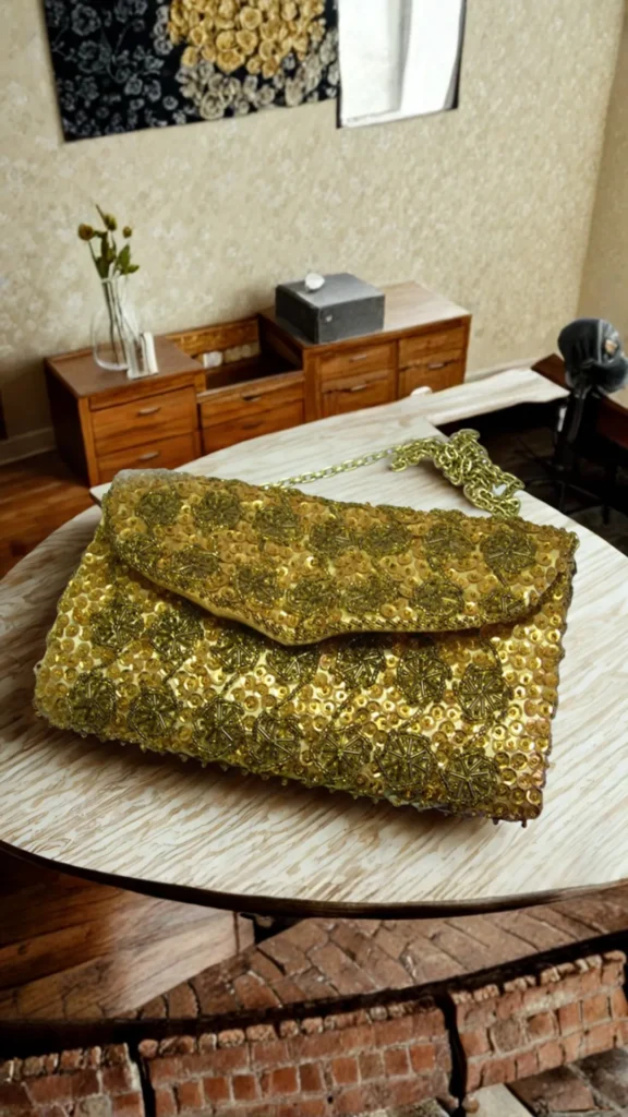 A high-angle shot of a glamorous vintage evening envelope clutch bag from the file 2_8.png resting on a light-colored, wood-grained tabletop. The entire handbag is lavishly embellished with shimmering, gold-toned sequins and intricate patterns of small metallic beads arranged in repeated geometric, flower-like motifs. It features a wavy-edged front flap and a matching gold-link chain strap draped loosely beside it, set against a softly blurred indoor background with wooden furniture.
