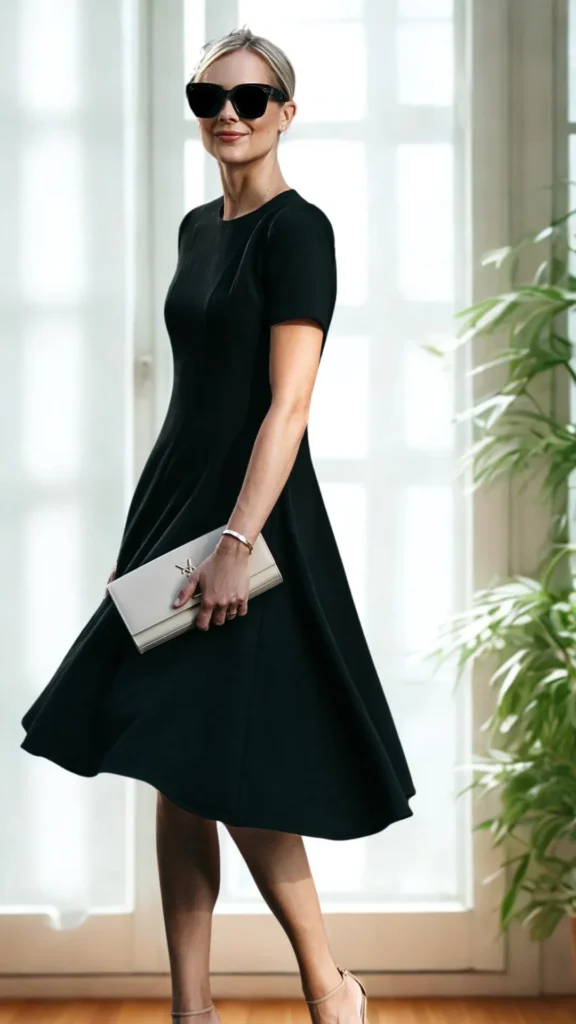 A woman with her hair pulled back into a sleek low bun stands indoors, showcasing a sophisticated evening outfit. She wears a classic, short-sleeved black A-line midi dress paired with large black sunglasses and a delicate silver bracelet. In her hand, she holds a structured cream or white leather flap clutch bag featuring a prominent gold interlocking logo clasp on the front.