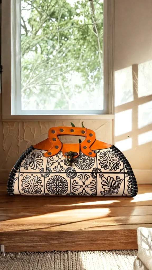 An artisan, dome-shaped handbag from the file 4_8.png sits on a sunlit wooden floor indoors. The body of the bag features a cream-colored fabric or leather surface divided into a grid of square panels, each printed or embroidered with distinct black line-art floral, geometric, and mandala-like patterns. It is framed with black whipstitched leather along its curved outer edges and is topped with a bright orange leather panel, an integrated studded handle, and an antique metal swivel clasp. The background shows a window looking out onto lush green trees, casting warm sunlight across the floor.