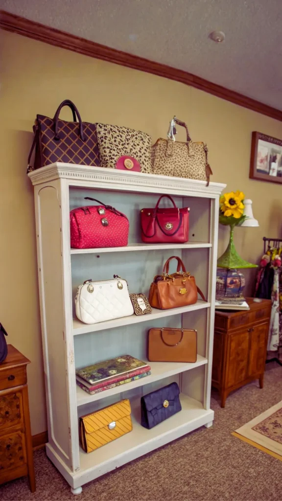 A vintage-style white wooden bookshelf with a pale blue interior backing, beautifully repurposed to display an organized collection of fashion handbags. The shelves hold various purses in different colors and sizes—including a quilted white handbag, a bright pink satchel, a classic brown leather tote, and a yellow striped clutch—mixed alongside decorative elements like a stack of large coffee table books. On top of the cabinet rests a row of larger tote bags, including two with distinct leopard print patterns.