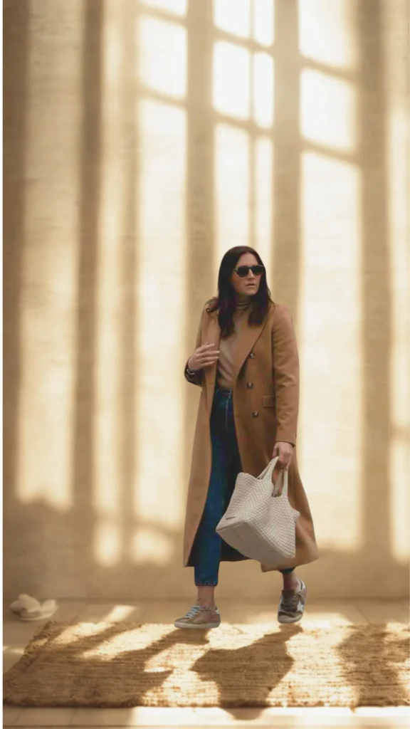 A side-profile shot of a woman walking outdoors in a chic, warm-toned autumn or winter outfit. She wears a long, tailored camel-colored wool coat over a cream-colored top, paired with dark olive green high-waisted trousers. Hanging from her shoulder is a large, unstructured off-white or cream leather slouchy hobo bag, completing a minimalist and elegant look set against a softly blurred city street backdrop.