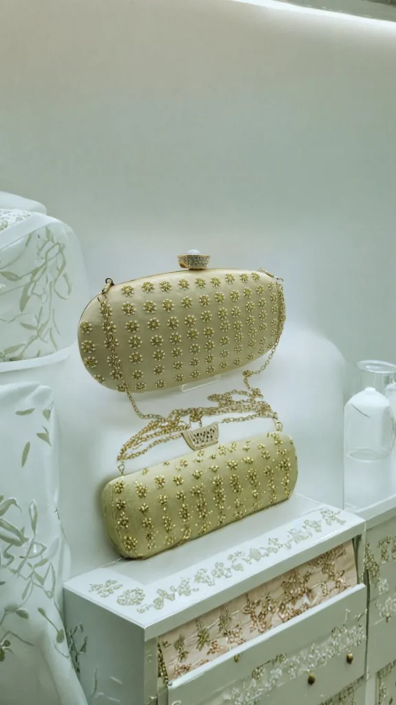 Two formal evening clutches in a soft champaign or pale gold hue displayed on a white store fixture. The top clutch has an oval shape embellished with tidy rows of tiny beaded flowers and a jeweled top clasp. The bottom clutch is a slender, elongated baguette style with similar floral beadwork. Both bags feature delicate, matching gold-toned chain straps draped over the display.