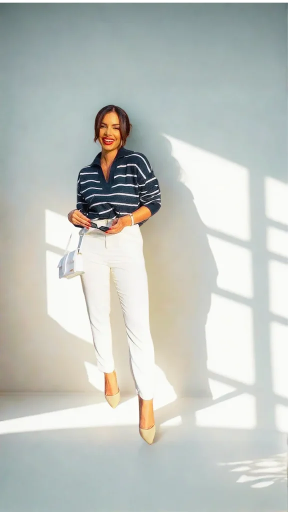 A young woman with brown hair tied back stands smiling against a bright white background illuminated by dramatic window shadows. She wears a navy and white striped collared sweater tucked into slim-fitting, high-waisted white trousers, completed with beige pointed-toe high heels. In one hand, she holds a pair of sunglasses, and over her arm hangs a small, structured white leather handbag with a top handle and shoulder strap.