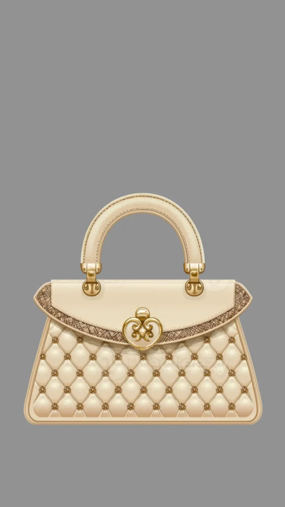 A detailed product illustration from 1 (1)_3.webp showcasing an elegant beige handbag set against a solid grey background. The structured top-handle bag features a smooth cream-colored top flap with textured brown piping, secured by an ornate gold-tone heart-shaped twist-lock clasp. The main body of the handbag displays a luxurious quilted diamond pattern, accented with small glittering gold crystal studs at each intersection.