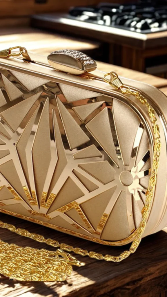 A close-up photograph from the file 1 (1)_2.webp highlights an elegant evening clutch bag resting on a dark wooden table in warm, direct sunlight. The hard-case clutch is covered in a champagne-gold fabric decorated with a raised, metallic gold geometric overlay featuring a stylized art deco starburst design. It features a bright gold-metal frame, a delicate woven gold chain strap draped across the front, and a decorative gold clasp on top encrusted with shimmering rhinestones.