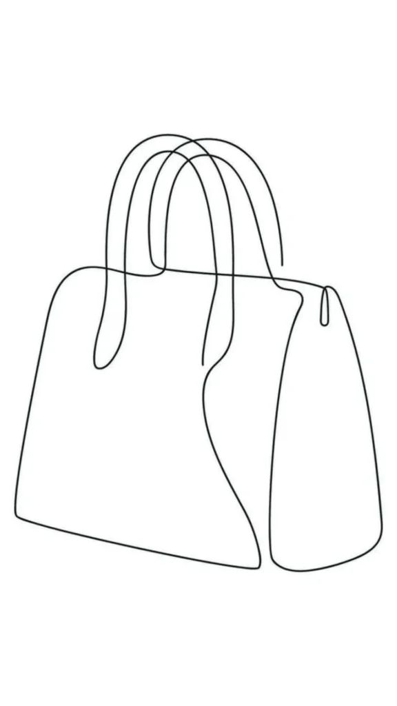 An image from file 1 (1)_6.webp displaying a minimalist line art illustration of a structured handbag against a plain white background. The drawing uses a clean, continuous black line to depict the overall silhouette of a classic tote bag, including its body, side panel, and dual top arch handles, capturing the essence of the design with an organic, artistic feel.