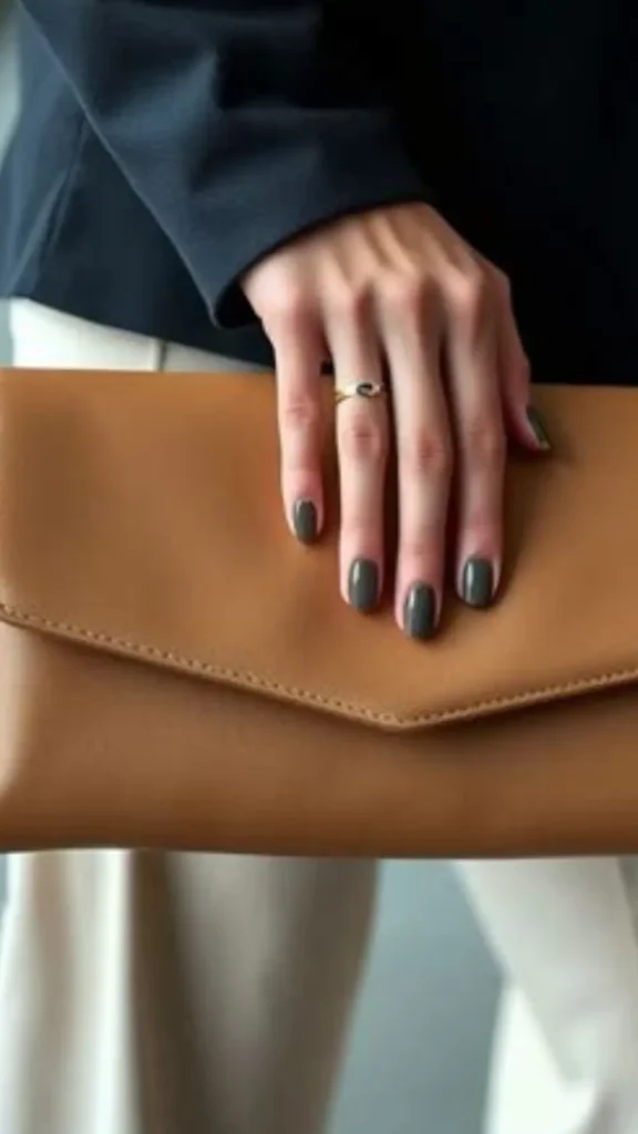 A close-up style shot from 1_3.jpg showcasing a woman holding a large, minimalist tan leather envelope clutch bag. Her hand rests elegantly across the pointed top flap, featuring a neat manicure with dark olive-grey nail polish and a delicate gold ring. She is dressed in a sophisticated outfit consisting of a tailored black blazer and cream-colored trousers, emphasizing a chic look suitable for both day and night.