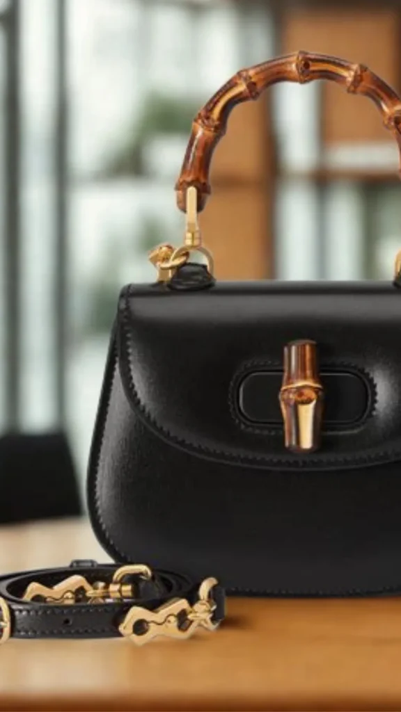A close-up product photograph from 1_4.webp showcasing a classic structured black leather top-handle bag sitting on a wooden surface. The bag features a distinctive arched handle made of varnished, segmented natural bamboo attached with polished gold hardware. A matching bamboo turn-lock clasp sits on the front flap. In the foreground, a detachable black leather shoulder strap with gold clasps rests coiled on the table, all set against a softly blurred indoor background.