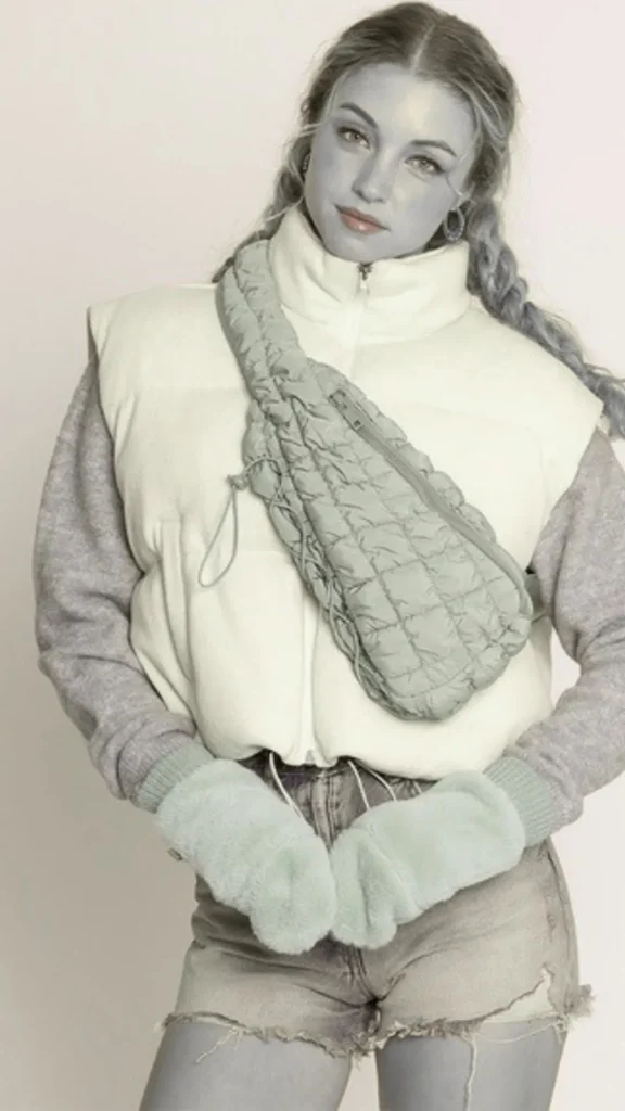 A studio fashion photograph from 1_5.webp featuring a woman modeling a layered casual look against a plain, off-white background. She wears a white puffer vest over a grey long-sleeved sweater, paired with denim shorts and plush, soft sage green mittens. Draped across her torso is a matching sage green quilted crossbody sling bag with a textured square pattern and a zipper closure, demonstrating an effortless, cozy transitional style.