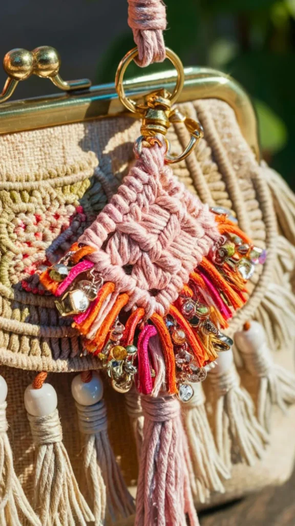 A close-up product photograph from 1_8.webp showing a handmade macramé bag charm attached to a woven bohemian handbag with a gold metal kiss-lock clasp. The diamond-shaped charm is woven from dusty pink cords and embellished with bright orange and hot pink thread fringes along the bottom edges. It is further decorated with small metallic beads, sequins, and charms, ending in a thick pink yarn tassel. The background bag features its own intricate macramé knotting and white bead tassels.