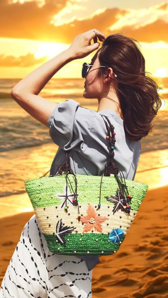 A profile lifestyle photograph from 1_9.webp featuring a woman standing on a sandy beach during a golden sunset, carrying a bohemian embroidered straw tote bag over her shoulder. The woven tote bag has a horizontal color-blocked pattern in lime green, beige, and forest green, decorated with colorful embroidered flower and star motifs as well as small scattered beads. The bag is completed with dark brown knotted cord handles. The woman is wearing sunglasses and a grey top, with her hair blowing in the sea breeze against the warm sunset glow.
