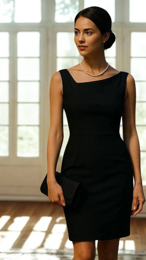 An image from file "1_20.webp" showing a medium shot of a elegant woman modeling a classic little black dress (LBD) accessorized with a micro clutch. The sleeveless black cocktail dress features a tailored, form-fitting silhouette with a subtle asymmetrical neckline. She holds a small, rectangular black envelope-style clutch bag in her right hand against her hip. Her dark hair is styled in a neat, sophisticated low bun, and she accessorizes with a delicate single-strand pearl necklace and matching pearl stud earrings. The scene is set indoors on a hardwood floor, with bright sunlight streaming through tall, multi-paned glass doors or windows in a softly blurred background.
