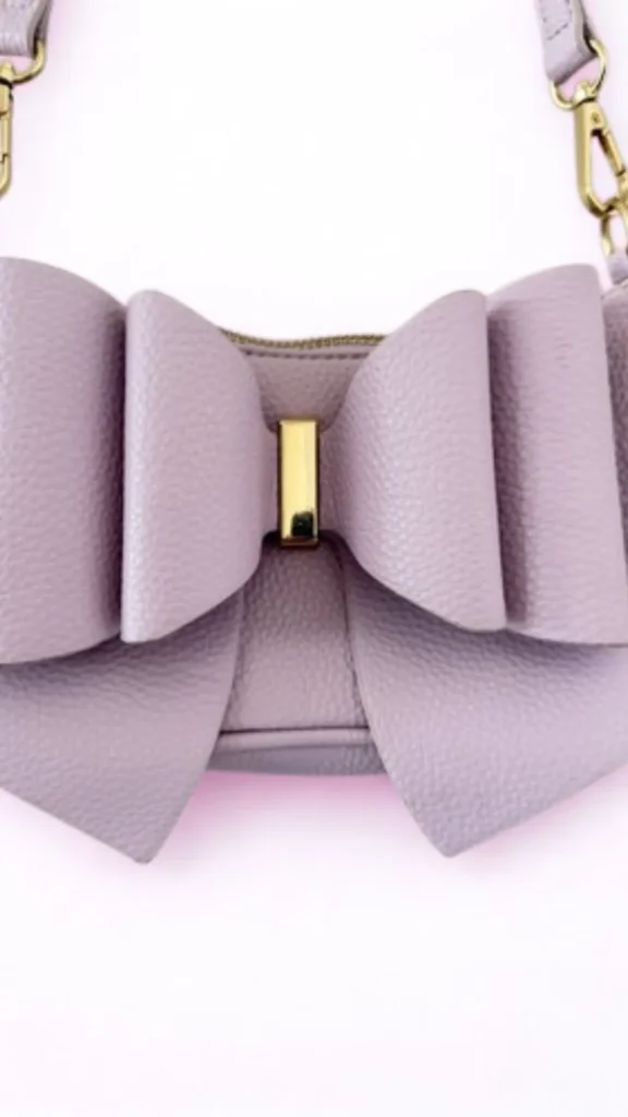 An image from file "1_25.png" showing a close-up shot of a small, textured faux-leather handbag in a soft lavender color, perfectly matching the coquette-core aesthetic. The front of the bag features a large, dramatic, layered bow design crafted from the same lavender material, held together in the center by a polished, rectangular gold metal clip. The top of the bag has a zipper closure, and gold metal lobster clasps attach a matching lavender shoulder strap to hardware loops on either side. The handbag is photographed against a clean, plain white background.
