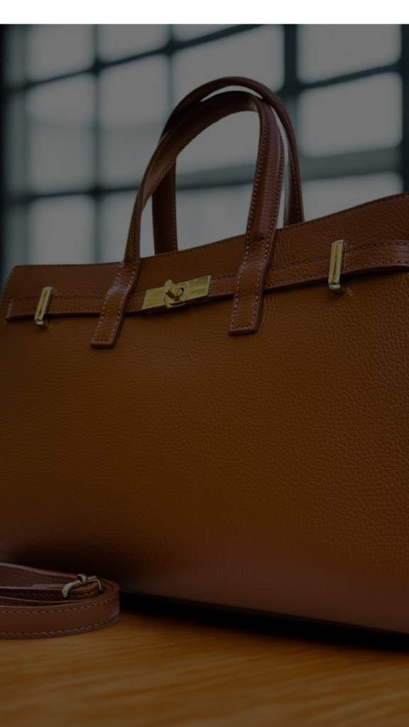 A structured, professional top-handle satchel bag from the file 1_10.png is shown in a close-up shot resting on a wooden surface. The handbag is crafted from a rich, textured cognac-brown pebbled leather and features a rigid silhouette with two short, sturdy top handles. A horizontal leather strap threads through gold metal loops across the upper front panel, securing with a central gold turn-lock closure. A matching rolled leather shoulder strap rests coiled beside the base of the bag, against a dimly lit, blurred architectural window grid in the background.