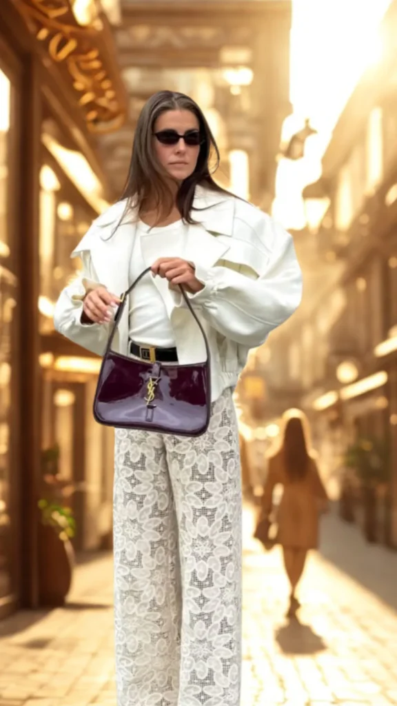 A medium full-length shot captures a stylish woman standing on a sunlit city street. She is wearing a structured, voluminous white leather jacket over a white top, a black belt with a gold buckle, and high-waisted white lace wide-leg trousers. She wears dark sunglasses and holds a glossy, patent leather burgundy shoulder bag with a prominent gold metal logo on the front. The background shows a blurred, golden-lit European street with historic architecture and another pedestrian walking away.