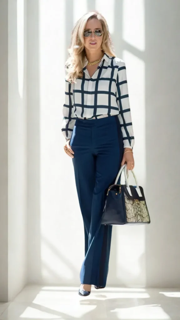 A blonde woman standing in a sunlit interior in 2 (1).webp, showcasing a polished and competent business-casual look. She is wearing high-waisted navy blue trousers and a white long-sleeve blouse with a bold black grid pattern. She holds a structured multi-textured tote bag with navy leather sides, a snakeskin patterned front panel, and white top handles. The outfit is accessorized with aviator sunglasses and a chunky gold chain necklace.