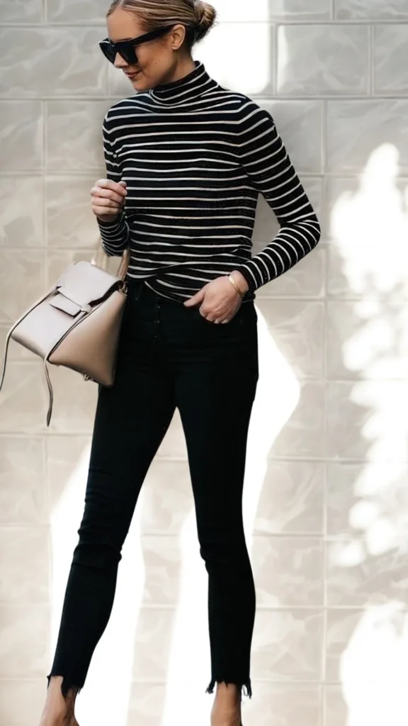 A full-length fashion shot from 2 (1)_3.webp showing a woman standing outdoors against a light-colored tiled wall. She is wearing a black-and-white horizontally striped turtleneck sweater, black skinny jeans with raw hems, and dark sunglasses with her hair styled in a sleek bun. In her hand, she carries a structured beige leather Celine-style tote handbag featuring distinctive flaring side wings and a sleek front flap.