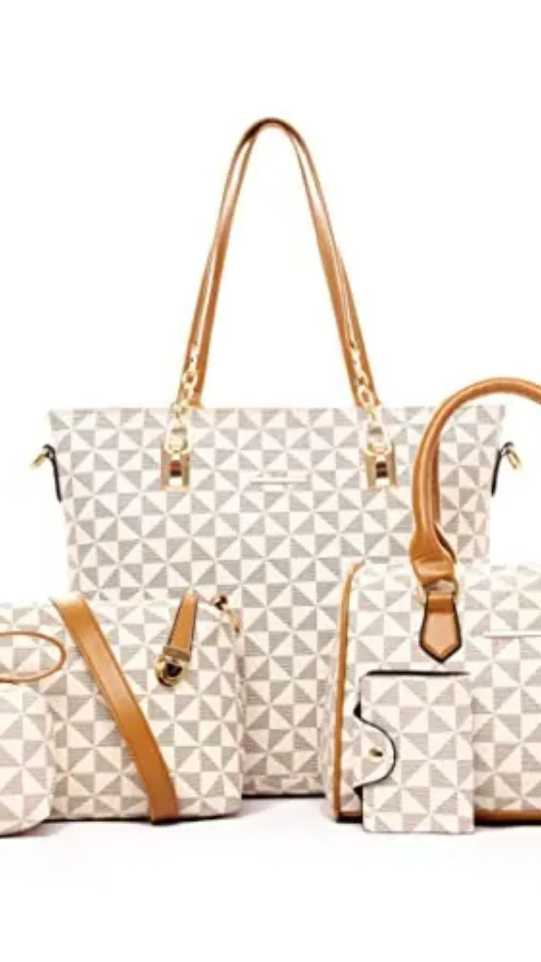 An image from file 2 (1)_3.webp showing a matching 5-piece handbag and wallet set displayed against a solid white background. All pieces feature a cohesive white and grey geometric checkered pattern made up of repeating small triangles. The collection includes a large tote bag with tall tan shoulder straps and gold chain accents, a medium-sized top-handle satchel bag, a rectangular crossbody camera bag with an adjustable tan strap, a small zippered wristlet pouch, and a matching cardholder wallet.