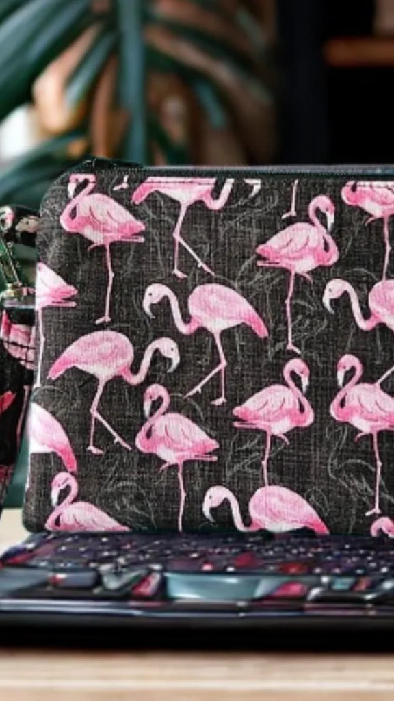 A close-up shot from the file 2_8.webp shows a handmade zip wristlet pouch resting on top of a laptop keyboard. The pouch is crafted from a dark grey, textured canvas fabric featuring a repeating pattern of bright pink flamingos standing in various poses. A black zipper runs along the top edge of the small pouch, and a glimpse of a matching patterned wrist strap attached by a silver metal clip is visible on the left side. The background shows a softly blurred indoor plant with large green leaves.