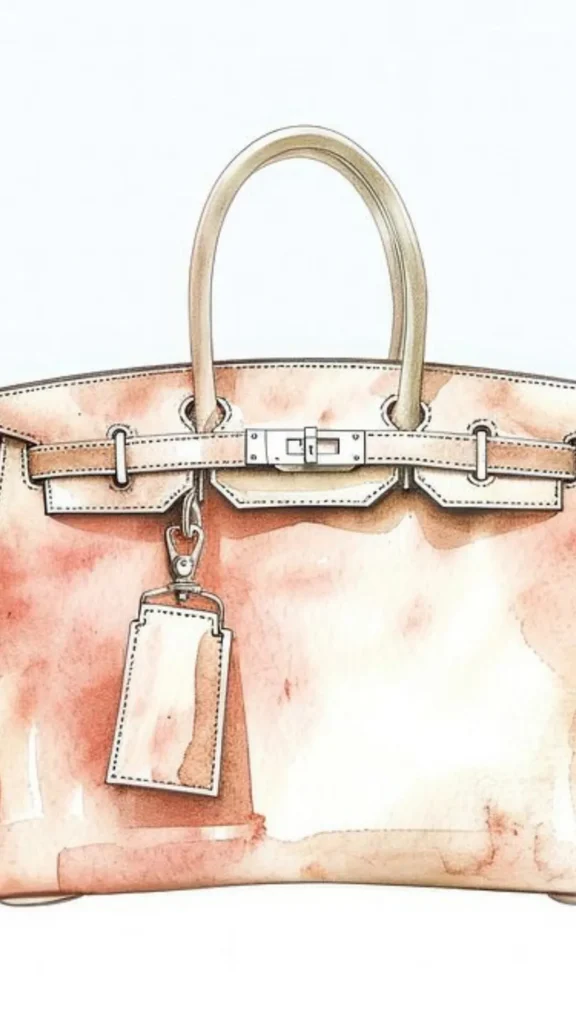 An image from file 2 (1)_5.webp showing a soft watercolor illustration of a classic, structured Birkin-style handbag against a plain white background. The bag is painted in earthy pink and tan tones, using fluid watercolor washes that blend out to create light and shadow. It features fine ink outlines detailing the iconic horizontal closure strap, a silver metal clasp at the center, a tall arched top handle, and a matching rectangular leather luggage tag hanging from a silver clasp.