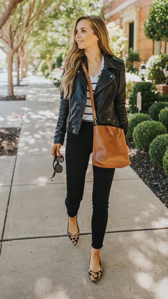 An image from file 2 (1)_6.webp showing a woman with long, wavy blonde hair walking down a sunlit city sidewalk. She is wearing a chic casual outfit consisting of a black leather motorcycle jacket over a white and black striped top, tight black skinny jeans, and leopard-print pointed-toe flat shoes. Slung across her body is a medium-sized, tan brown leather bucket-style crossbody bag with a long leather strap. She is holding a pair of sunglasses in her right hand as she smiles and looks to the side.