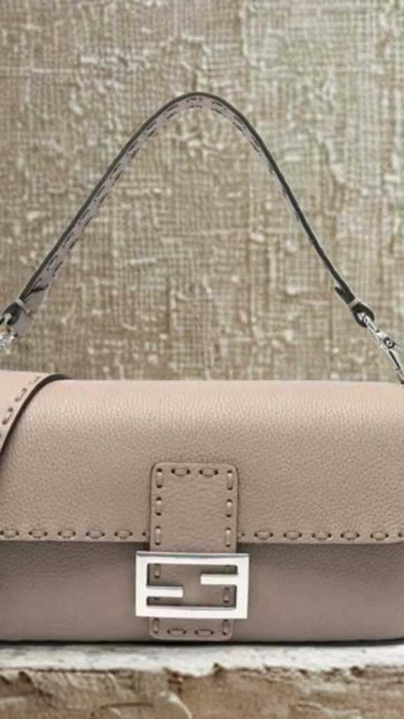 A close-up product photograph from the file 2.webp features a classic Fendi Baguette handbag in a textured, light taupe or beige calfskin leather. The bag displays a horizontal line of delicate, tonal whipstitching detail across the upper front flap. It is secured by a central leather strap showcasing the iconic silver-metal interlocking "FF" logo hardware. A thin, matching leather shoulder strap extends upwards against a neutral, textured wallpaper background.