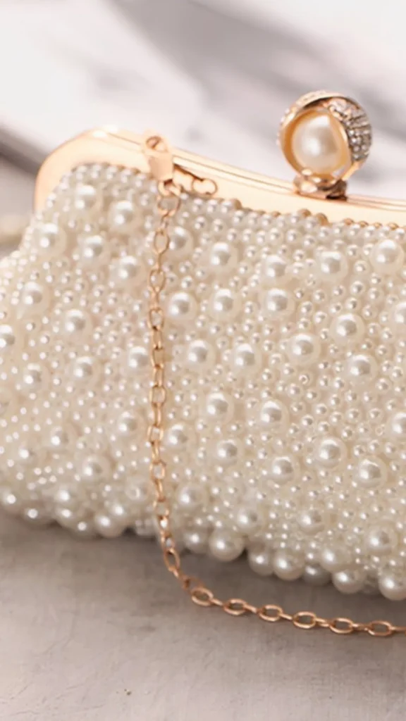 A close-up product shot from 2_2.webp highlighting a classic pearl clutch bag sitting on a grey surface. The structured evening bag is densely covered in a mix of small and medium-sized glossy white pearls. It features a polished rose-gold metal frame with a delicate matching chain strap draped over the front. The top closure mechanism is a spherical, gem-encrusted clasp set with a single large pearl bead in the center.