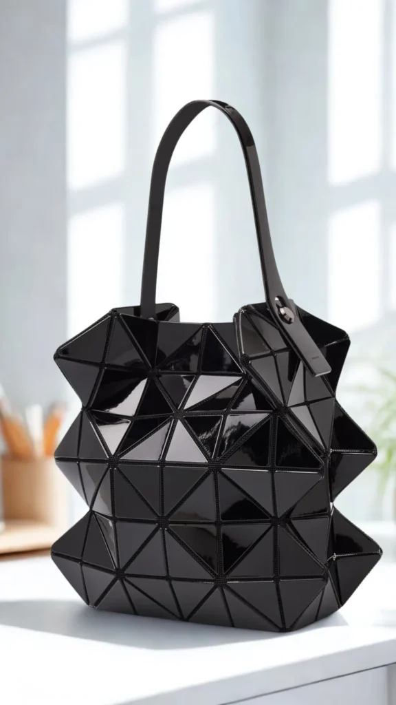 A lifestyle product shot from 2_4.webp showcasing an Issey Miyake Bao Bao handbag sitting on a clean white table. The tote bag is composed of glossy black triangular panels arranged in a geometric grid over a flexible mesh underlay, which allows the sides to bend organically into sharp, three-dimensional architectural peaks. It features a matching glossy black adjustable top handle fastened with a metallic rivet. In the softly blurred background, a bright window casts a clean light over the scene.
