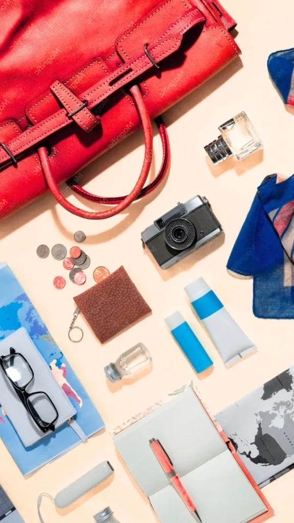 A top-down flat lay shot from the file 2_9.webp shows a collection of travel essentials neatly arranged on a peach-colored background. At the top left, a large, textured red leather handbag with handles and a strap closure dominates the space. Spread across the surface are various travel items: a vintage-style film camera, a small glass perfume bottle, a folded blue patterned scarf, a small cluster of coins next to a textured brown cardholder with a keyring, two blue and white cosmetic tubes, a small clear bottle, black-rimmed eyeglasses resting on a light blue notebook, an open journal with a pink pen, and a grey passport holder or booklet showing a world map pattern.