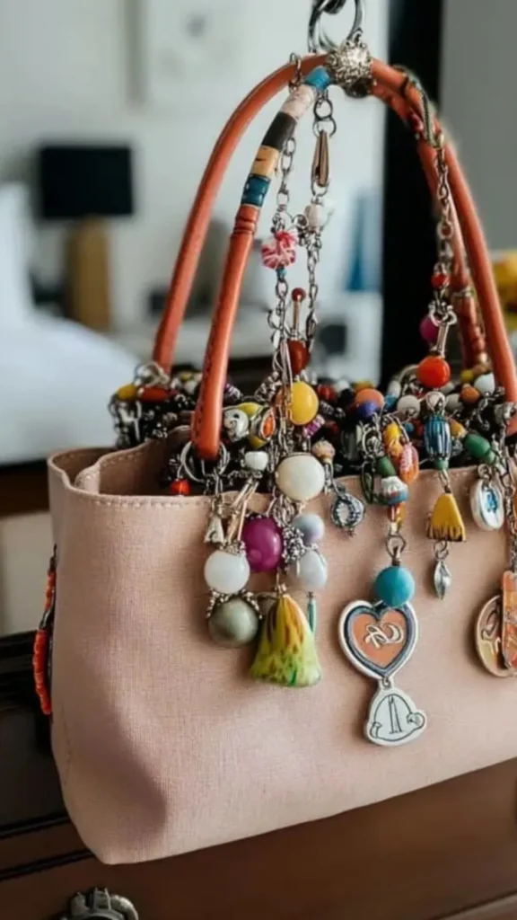 A close-up lifestyle photograph from 2_7.webp showcasing a blush pink textured handbag heavily decorated with an eclectic maximalist collection of bag charms and keychains. Numerous multi-colored trinkets—including glass beads, tassels, a heart-shaped silver pendant, and mismatched colorful charms—hang abundantly from a silver clasp attached to the arched orange-brown leather top handle. The decorated bag is shown sitting on a dark wooden furniture surface with a softly blurred background.