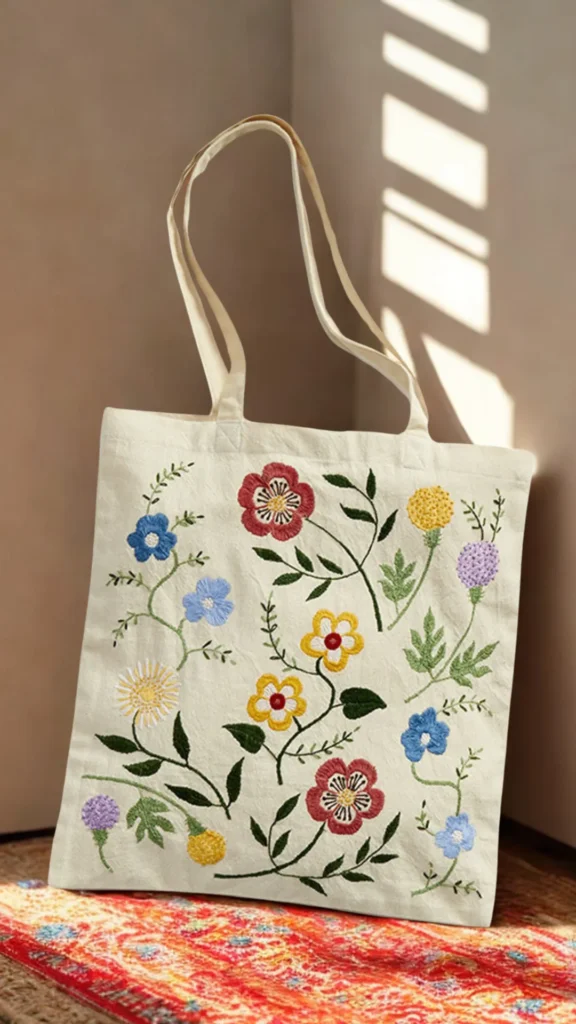 A product photograph from 2_10.webp displaying a cream-colored cotton canvas tote bag adorned with intricate wildflower embroidery. The front of the fabric bag features an all-over stitched botanical design composed of red, blue, yellow, and lavender flowers with delicate green stems and leaves. The tote sits upright in a room corner on a patterned red rug, illuminated by natural sunlight streaming in from a window grid reflection on the wall.