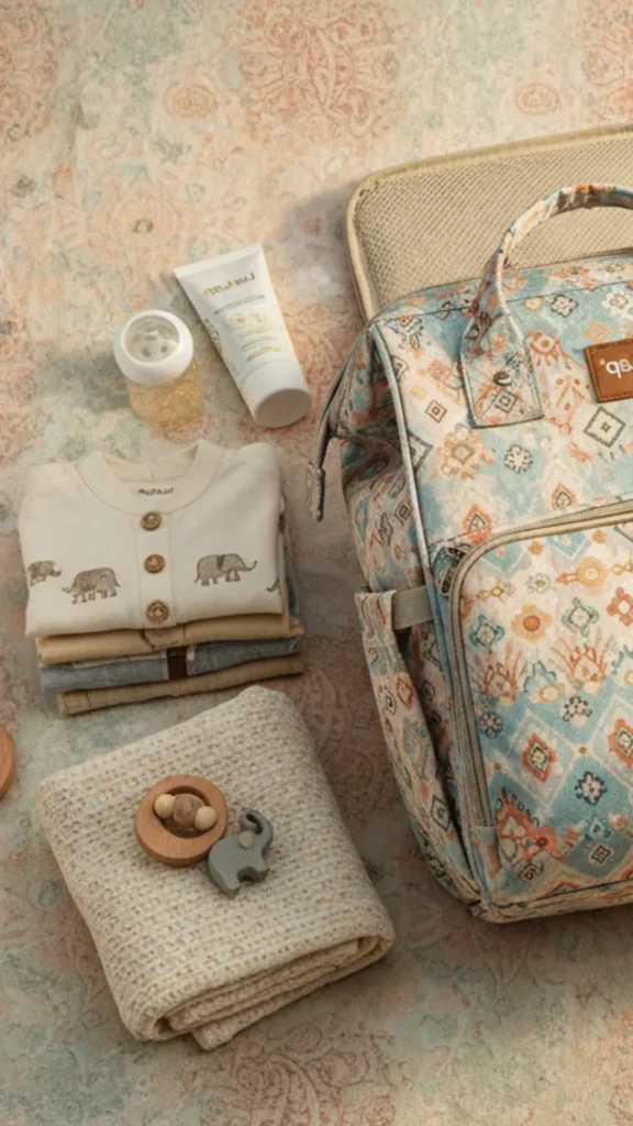 A flat-lay lifestyle photograph from 2_5.jpg showcasing newborn essentials laid out on a soft, patterned rug. On the right sits a blue diaper backpack bag decorated with an intricate, multi-colored geometric mosaic pattern. To its left, several packed necessities are neatly arranged, including a stack of folded baby onesies—the top one a cream button-up with a small brown elephant print—a folded waffle-weave burp cloth with small wooden elephant and rattle toys on top, a baby bottle, and a tube of baby cream lotion.
