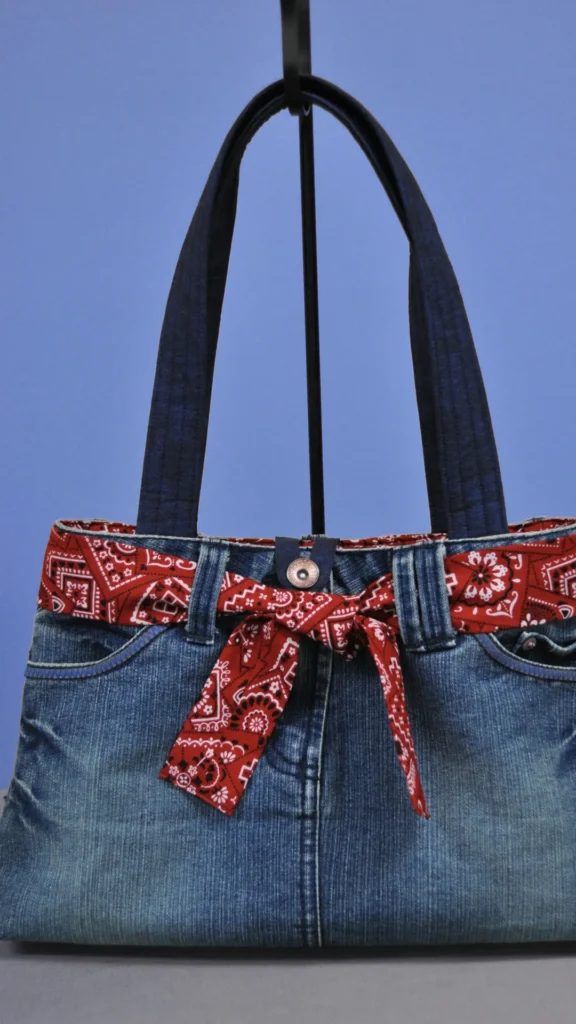 An image from file "2_21.webp" showcasing a vertical product shot of a tote bag upcycled from the upper waistband section of a pair of blue jeans. The bag is suspended from a black metal display stand against a solid cornflower blue background. It retains the original jeans details, including a metallic button closure, a zipper fly seam, front pockets, and belt loops. A vibrant red bandana or paisley-patterned scarf is threaded through the belt loops and tied into a neat bow at the center front. Two sturdy, wide shoulder straps crafted from dark blue denim are attached to the inner lining of the bag.