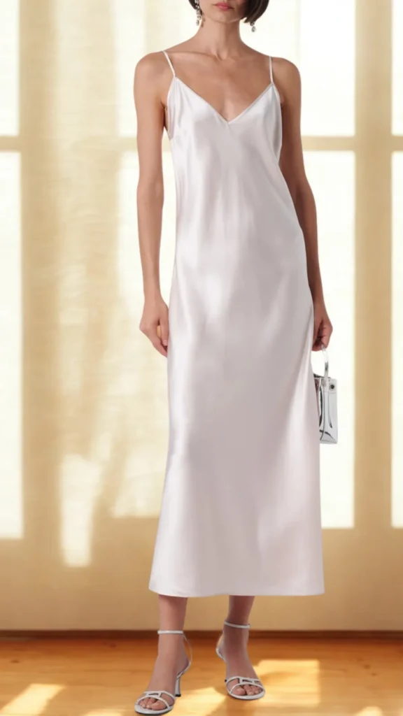 An image from file "2_24.webp" presenting a full-length shot of a person wearing a fluid silk slip dress. The minimalist, midi-length slip dress is made from a shimmering, pearl-white satin fabric, featuring delicate spaghetti straps and a gentle V-neckline. In one hand, they hold a structured, metallic silver mini bag with a rigid top handle. The look is completed with open-toe, strappy silver heeled sandals. The background consists of a warm, beige-toned wall with vertical geometric shadow patterns, creating a clean and luminous aesthetic.