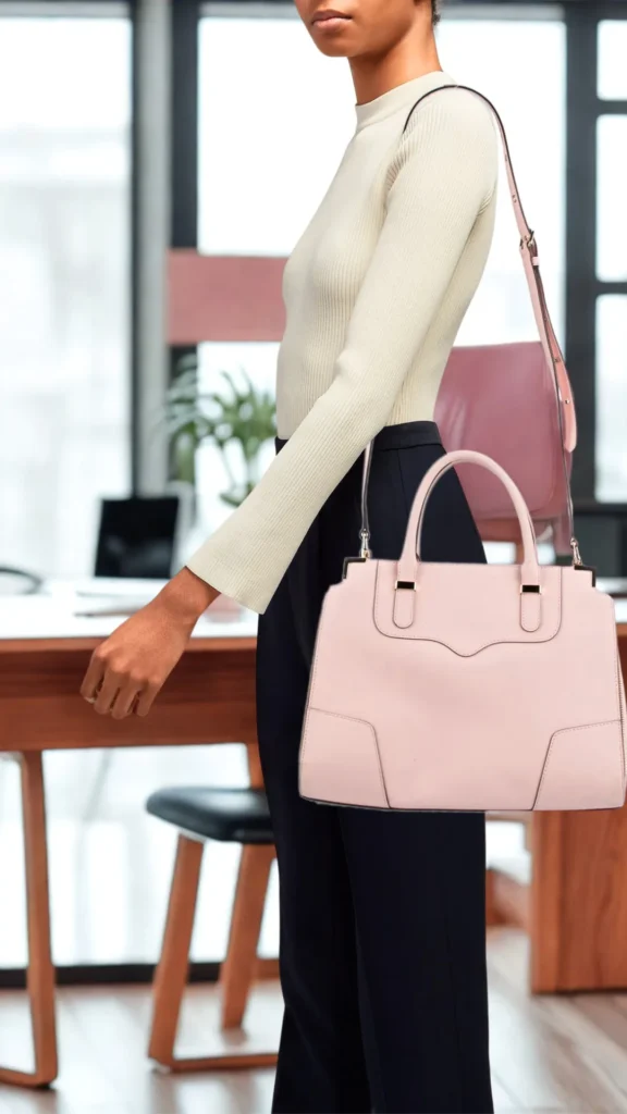 A side-profile fashion photograph from the file 2.webp displays a woman standing in a modern office setting. She wears a cream-colored, ribbed knit long-sleeve top and high-waisted black trousers. Digitally overlaid in the foreground is a structured, medium-sized satchel handbag in a soft blush-pink leather, featuring dual top handles and subtle silver metal details. Another pink shoulder bag hangs partially visible in the background.