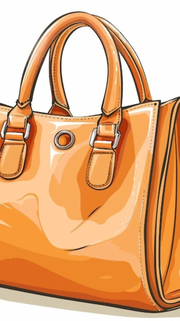 An image from file 3 (1)_5.webp featuring a detailed vector-style illustration of a glossy patent leather handbag in a vibrant orange hue. The drawing captures a high-shine texture with distinct white and light orange highlights that mimic light reflecting off its smooth surface. The structured bag includes fine stitched outlines along its edges, thick rounded top handles secured with rectangular silver hardware, and a small metal-ringed eyelet near the upper center.