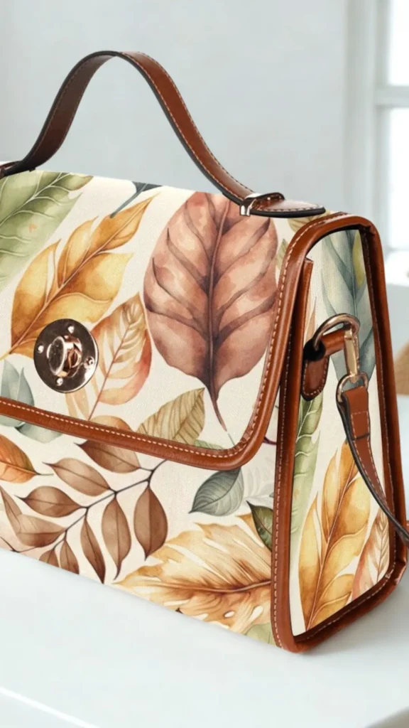 A close-up product photograph from 3_3.webp highlighting a structured satchel handbag resting on a white surface. The body of the bag is made from an off-white canvas featuring an elegant watercolor pattern of large autumn leaves in warm shades of brown, golden yellow, soft beige, and sage green. The bag is designed with rich cognac brown leather trim detailing along the edges, a curved top handle, an adjustable shoulder strap, and a circular silver twist-lock fastener on the front flap.