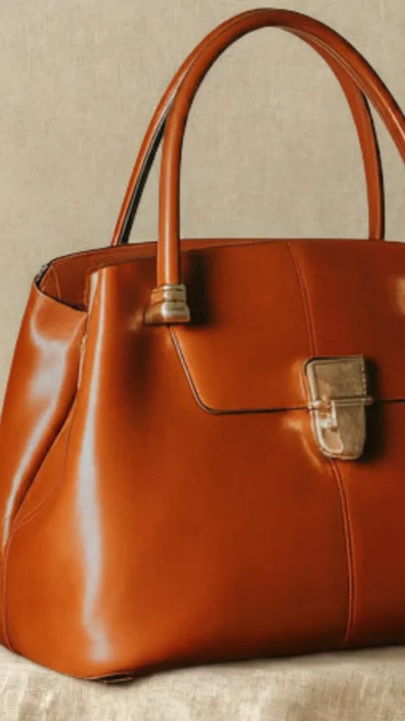 A close-up product photograph from 3_4.webp showcasing a structured everyday tote bag made of smooth, polished cognac brown leather. The bag features a high-arched top handle with matching leather stitching, securely attached with gold metal hardware bases. A square, brushed-gold lock closure sits prominently on the asymmetrical front flap, set against a neutral, soft beige fabric background.