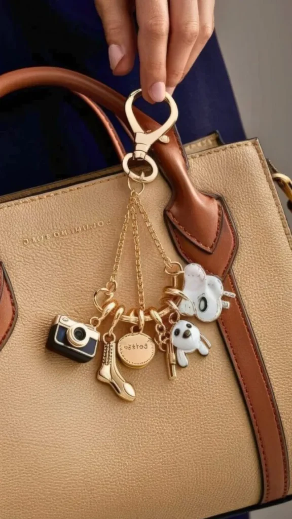 A close-up lifestyle photograph from 3_7.webp showing a person's hand holding a gold-toned charm keychain clipped to the handle of a beige and brown leather structured handbag. The multi-strand gold chain charm features several whimsical pendants reflecting different interests, including a miniature black and gold vintage camera, a high-top boot, a round gold medallion, and white cartoon animal figures.