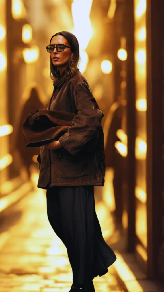 A full-length side-profile shot from the file 3_14.png shows a woman looking over her shoulder while walking down a dimly lit city street at night. She wears tinted glasses, a dark brown, oversized suede jacket with large patch pockets, and a long, flowing dark pleated skirt or dress. She is carrying a large, slouchy dark-brown suede handbag tucked under her arm. The background is filled with warm, golden bokeh and blurred lights reflecting off city surfaces, creating a moody ambiance.