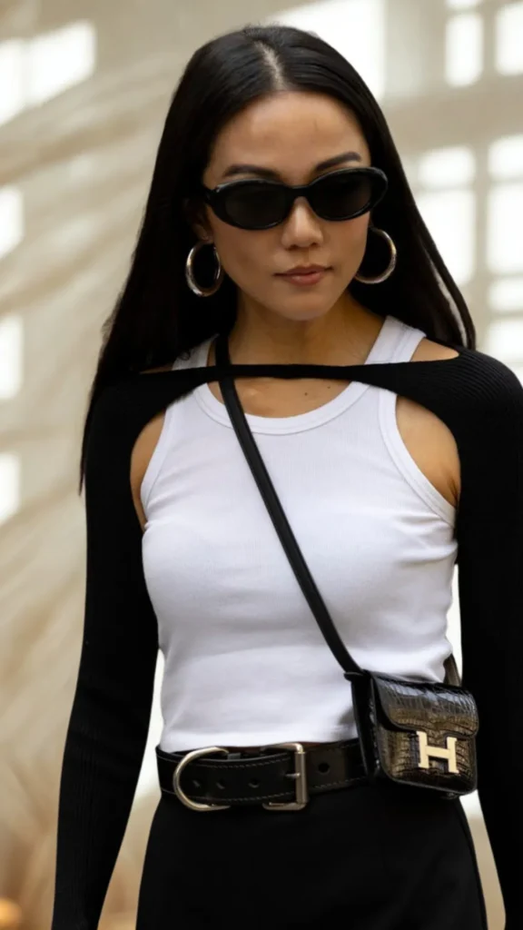 An image from file "3_24.webp" showing a close-up street style shot of a woman wearing a modern, structured outfit accessorized with a micro crossbody bag. She wears a fitted white ribbed tank top layered under a unique black cropped bolero shrug or shrug-style top with a chest cutout. A thin black leather strap runs diagonally across her torso, holding a tiny, structured black crocodile-embossed micro crossbody bag that rests right at her waistline. The bag features a prominent, polished gold metal "H" logo clasp on its front flap. Her look is detailed with a wide black leather belt with a silver horseshoe buckle, thick silver hoop earrings, and dark oval sunglasses. Her long straight dark hair is worn loose, and the background is softly out of focus.