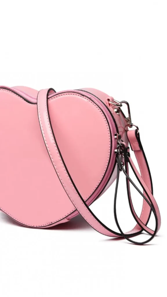 An image from file "3_14.jpg" showing a close-up, three-quarter view of a playful heart-shaped crossbody bag in a glossy bubblegum pink patent faux-leather. The bag features a structured heart silhouette with dual zipper pulls running along the top curve, finished with matching pink loop tags. A slender pink shoulder strap is attached to the side with silver metal hardware clasps. The handbag is presented against a clean, plain white studio background.