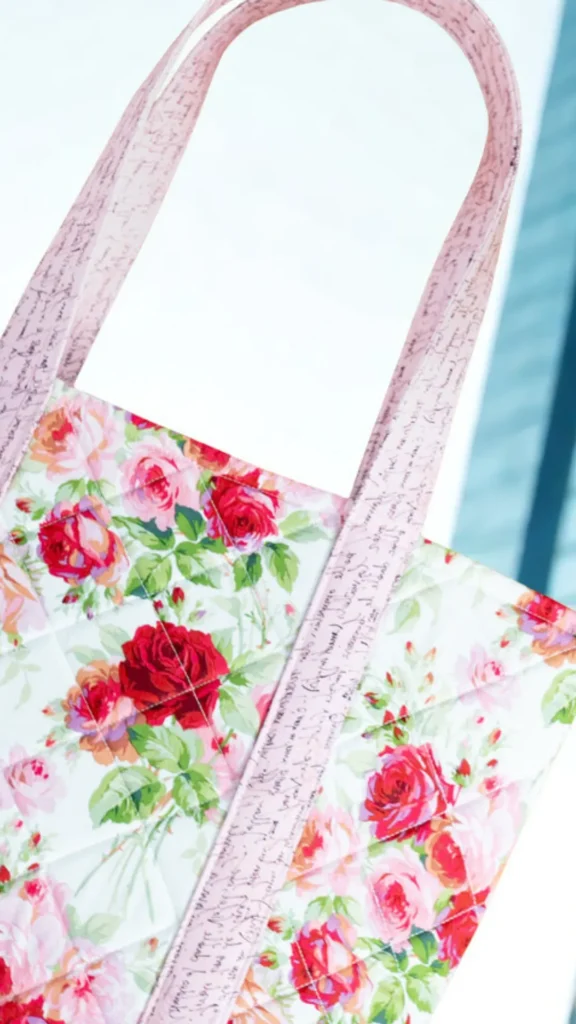 An overhead, close-up shot from the file 3_8.webp showcases a handmade quilted tote bag with a romantic floral pattern. The body of the bag is made from a cream-colored fabric featuring a diamond-quilted stitch pattern and a vibrant print of lush red, deep pink, and light pink roses with green leaves. Attached to the tote are two long, wide shoulder straps crafted from a pale pink fabric detailed with faint, cursive black script text. The bag is placed against a bright white surface with a hint of a blue striped pattern visible on the right edge.